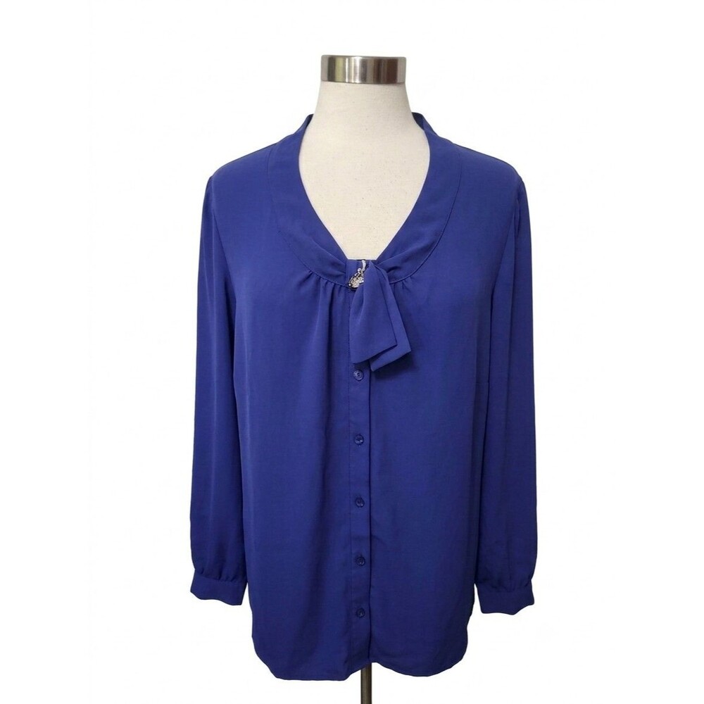East 5th Womens Top Button Blouse 2X Blue V-Neck Bow/Pin Long Slv Career Office